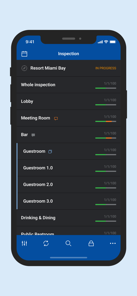 EcoSure TrueView - EcoSure TrueView app screen showing an inspection checklist and progress bars for a resort location.