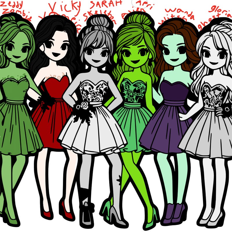 group of teenage girls in prom dresses