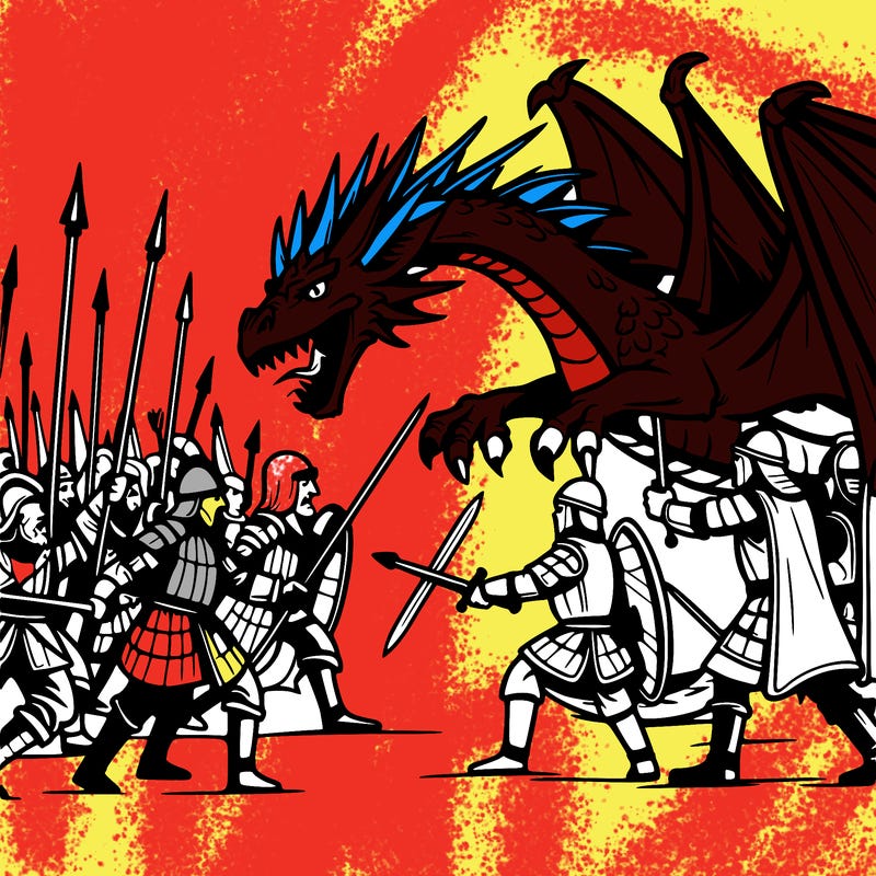 dragon fight scene with soldiers similar to game of thrones