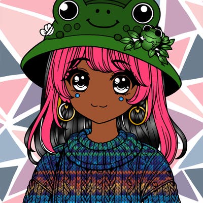 realistic girl wearing frog sweater and a frog hat with frog earrings