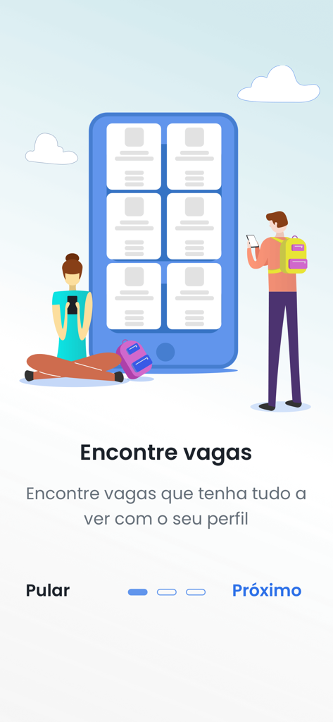 Illustration of students looking for internship opportunities on the Meu CIEE app onboarding screen