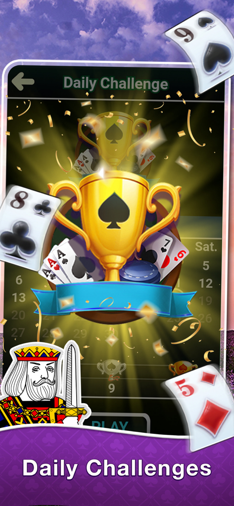 Solitaire-Brain Training - Solitaire Brain Training app showing the Daily Challenges reward screen with a golden trophy and playing cards.