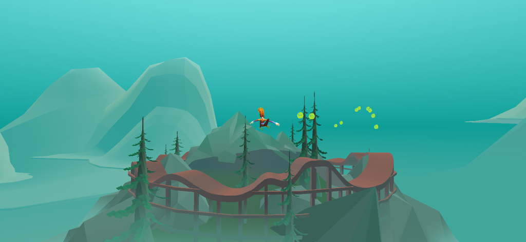 Hippy Skate - Um skatista pulando no ar sobre uma pista de madeira em uma paisagem montanhosa azul-petróleo com sinais de paz flutuantes.