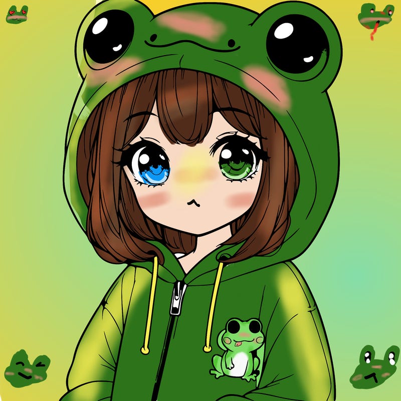 cute realistic girl in a froggy hoodie