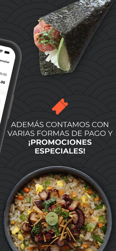 Izakaya Sushi - Izakaya Sushi app screen displaying special promotions and payment methods with a temaki roll and yakimeshi