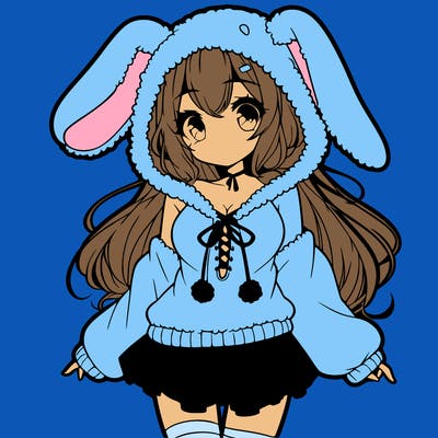 pretty anime girl wearing a fluffy hoodie with bunny ears on the hood and a skirt