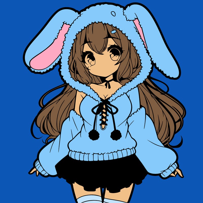 pretty anime girl wearing a fluffy hoodie with bunny ears on the hood and a skirt
