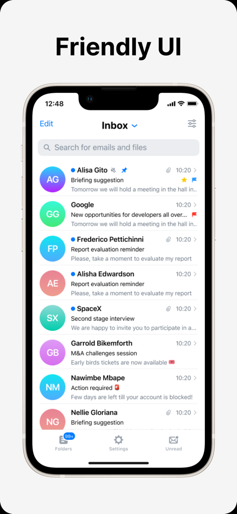 Écran de la boîte de réception de Twake Mail montrant une interface utilisateur propre et conviviale avec une liste d'e-mails.
