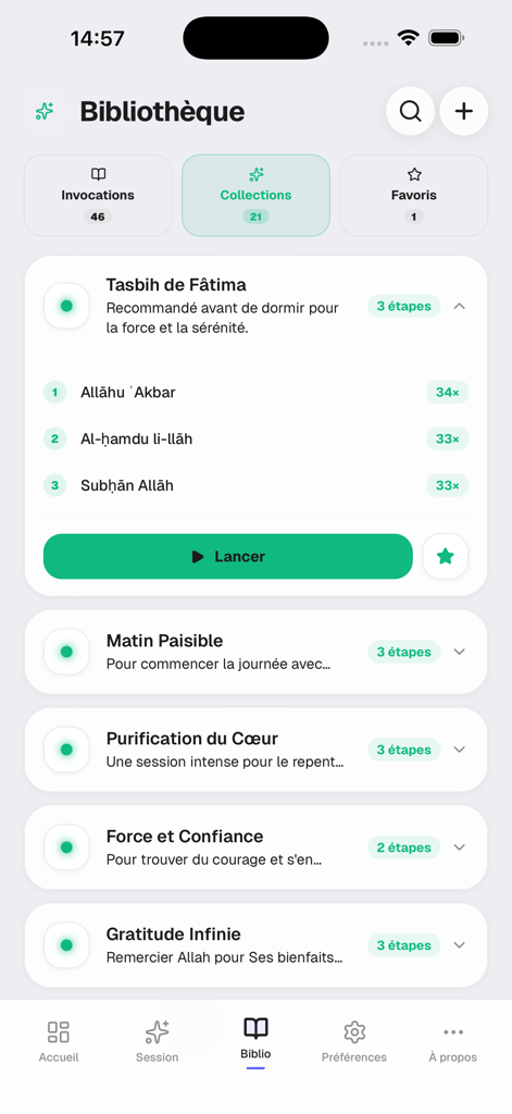 Chapelet Digital Zikr - Tasbih - Bibliothèque de l'application Tasbih Zikr montrant diverses collections de prières et invocations