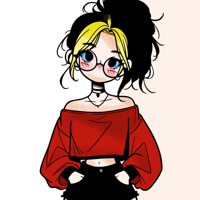 girl with a messy ponytail glasses a baggy crop top and jean shorts