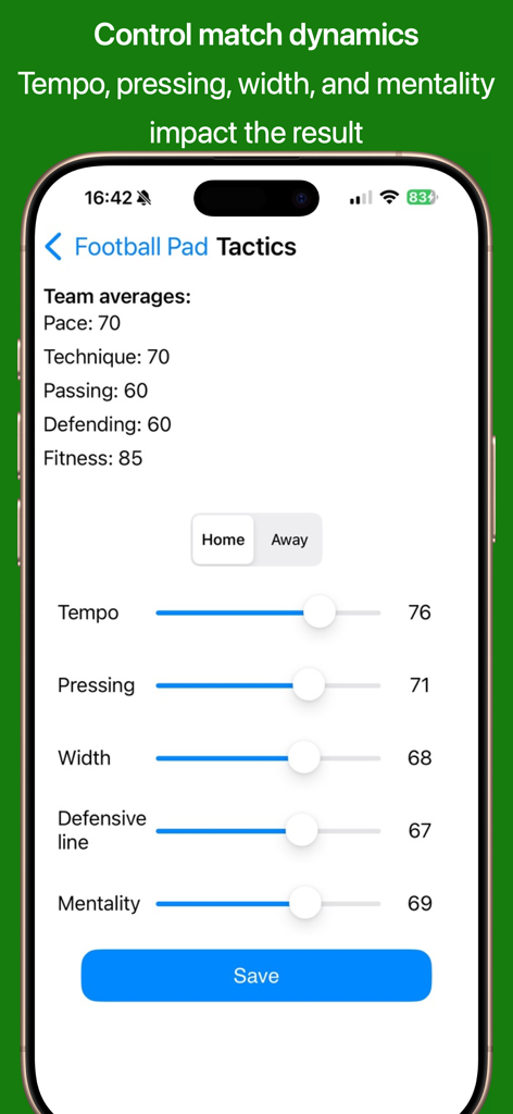 Football Pad app interface for adjusting match tactics like tempo pressing and width