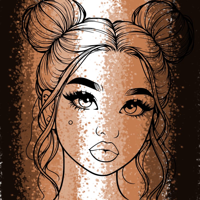 realistic girl with two buns on her hair and lips