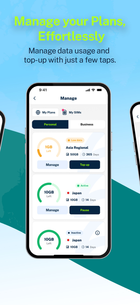 グローバルデータプランの管理とチャージオプションを表示するFlexiRoamアプリのインターフェース