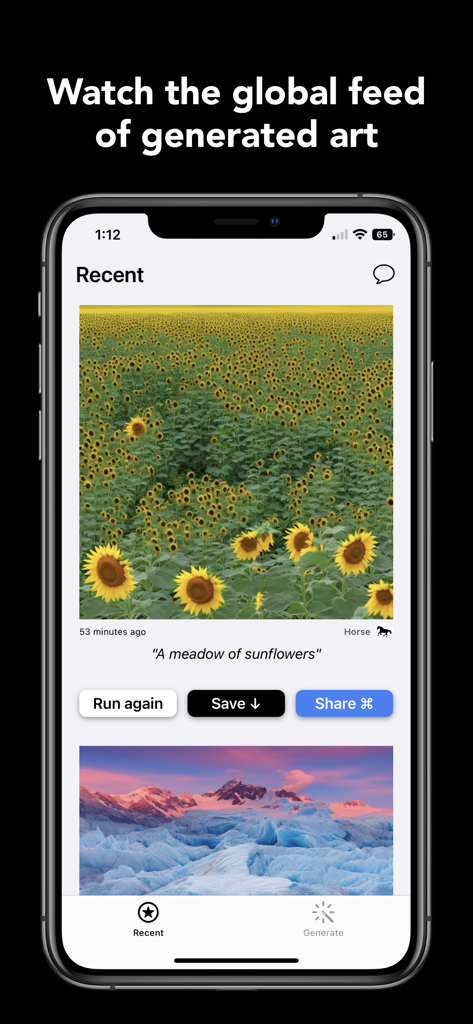 Dall E 3 AI Generator - Mirage - Una interfaz móvil que muestra un feed global de arte generado por IA, incluyendo un prado de girasoles.