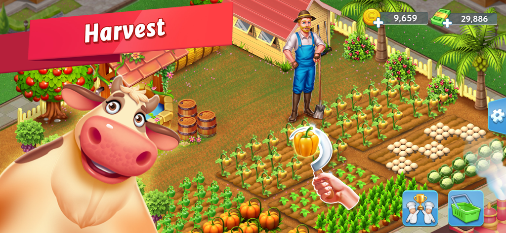 A farmer harvesting vegetables in a backyard farm with a smiling cow in the foreground