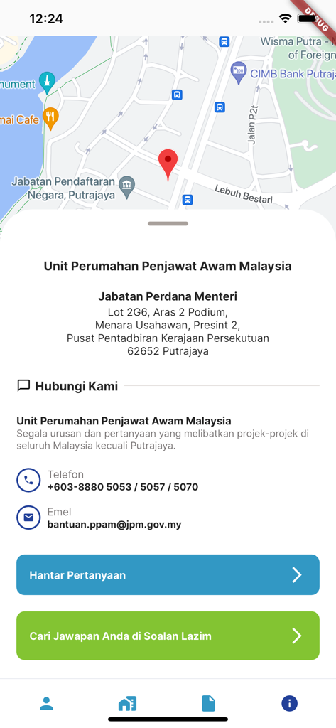 PPAM - Contact screen of the PPAM app showing office address and location map