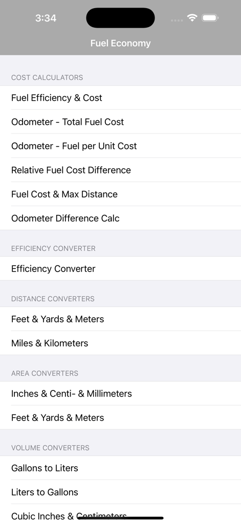 Menü mit verschiedenen Kostenrechnern und Einheitenumrechnern für Kraftstoff und Entfernung
