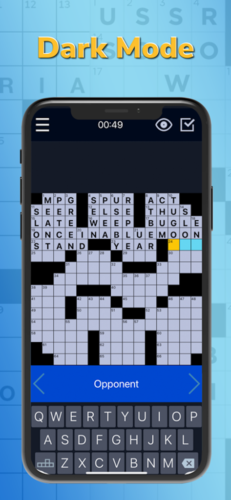 Arkadium Daily Crossword app interface in dark mode showing a word puzzle grid and keyboard