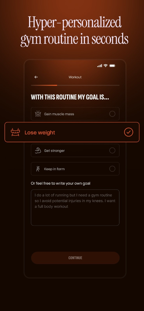 Kaizer: Gym & Fitness Planner - Interfaz de la aplicación Kaizer para seleccionar objetivos de fitness personalizados como perder peso o introducir solicitudes de entrenamiento personalizadas