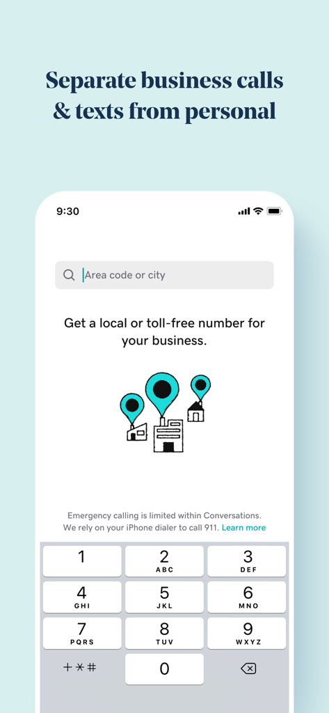 Interface of the GoDaddy Conversations app showing the setup screen to get a local or toll-free business phone number.