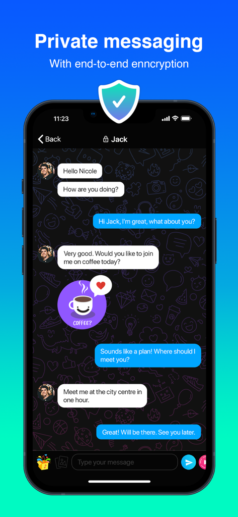 Private chat interface of Mint Messenger showing end-to-end encryption and a custom theme