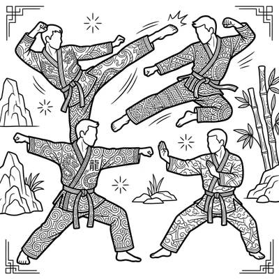 Dive into the world of martial arts with this captivating coloring page designed for adults. Featuring dynamic poses and rich, intricate patterns on each fighter's attire, it offers a truly engaging and detailed coloring experience.