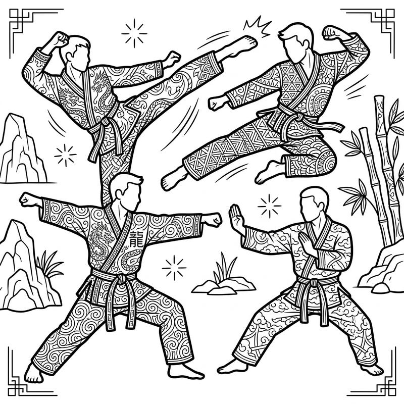 Dive into the world of martial arts with this captivating coloring page designed for adults. Featuring dynamic poses and rich, intricate patterns on each fighter's attire, it offers a truly engaging and detailed coloring experience.