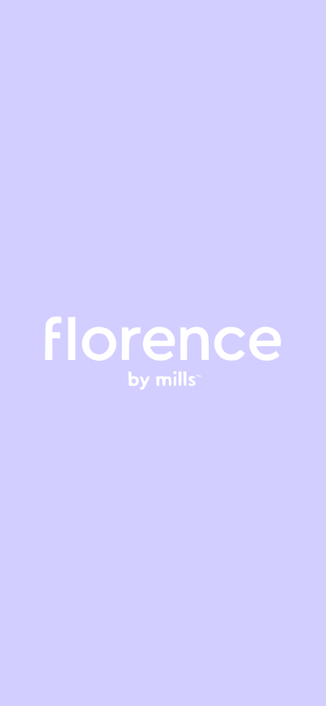 薄い紫色の背景の中央に白いflorence by millsのロゴ