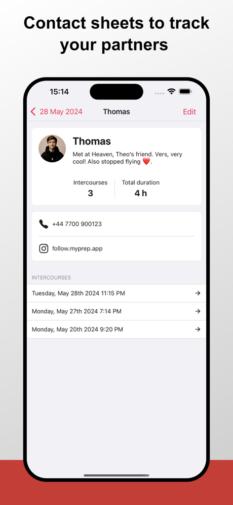 My PrEP app contact sheet displaying partner details and a history of sexual encounters.