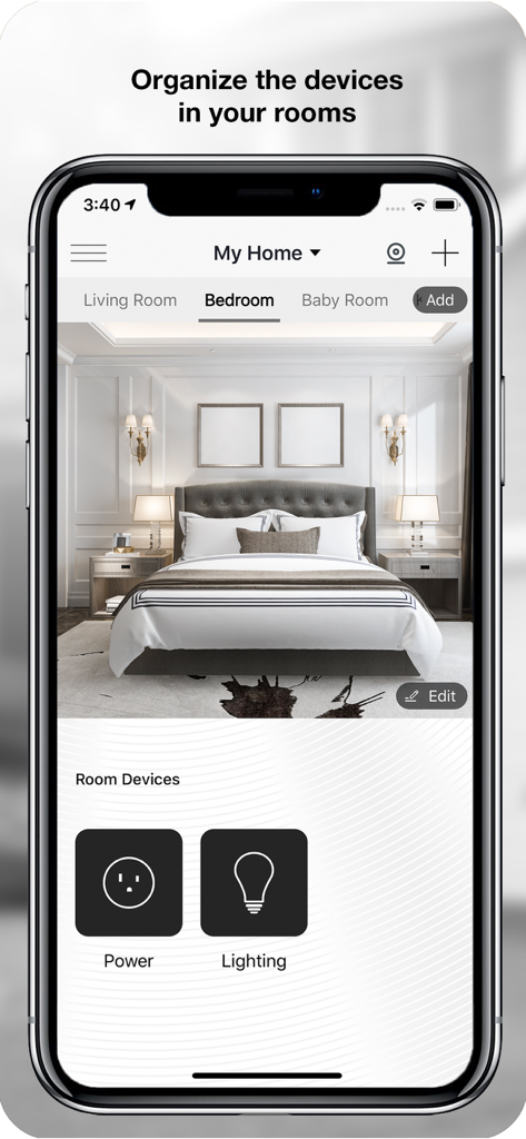 Energizer Connect - Energizer Connect app interface showing room organization for smart home devices like power and lighting