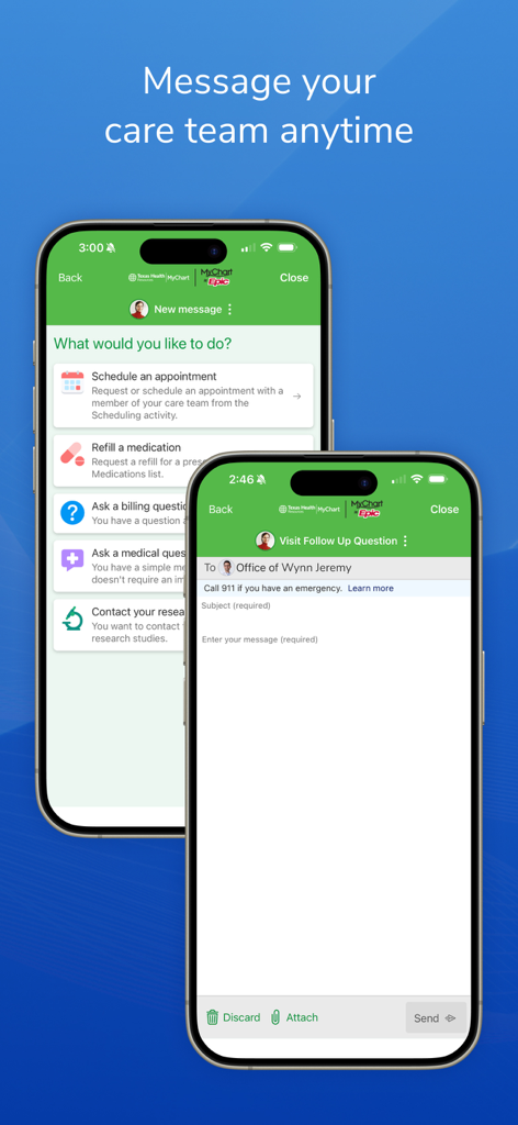 Texas Health MyChart app screens showing options to message a care team and manage medical appointments