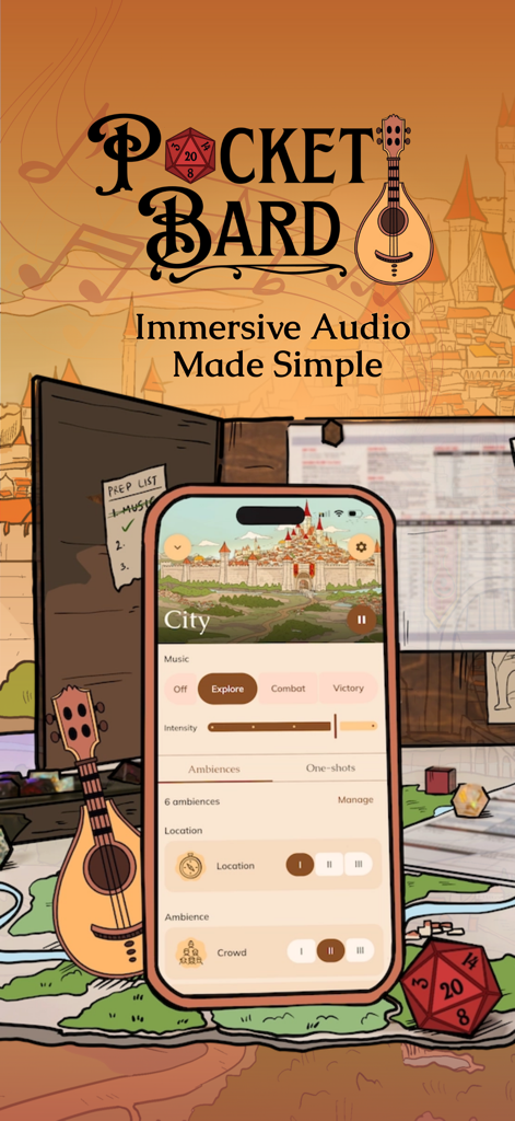 Pocket Bard - Pocket Bard mobile app interface displayed on an iPhone next to a lute and RPG dice for immersive tabletop gaming audio