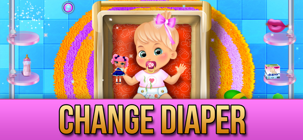 A baby girl in a crib with a doll and a prompt to change her diaper
