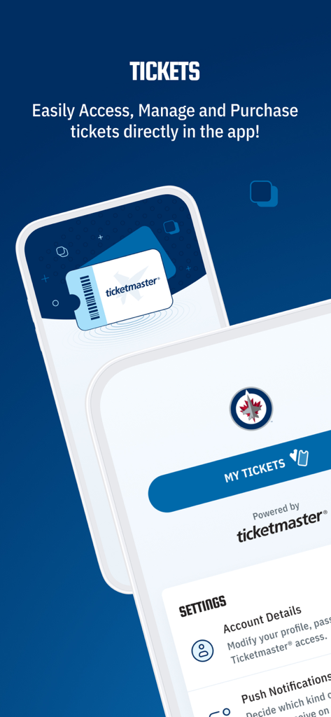 Benutzeroberfläche der Winnipeg Jets App zur Verwaltung und zum Kauf von Spieltickets über Ticketmaster.