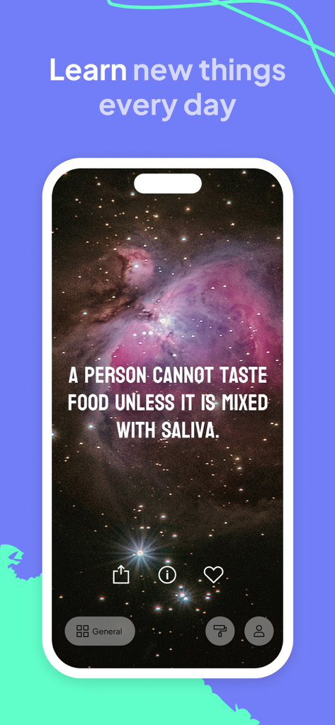 Facts - Daily Random Trivia - 宇宙の背景にある味に関する毎日の雑学を表示する事実アプリのインターフェース。
