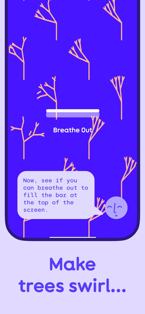 Una captura de pantalla de la aplicación Lungy que muestra un ejercicio de respiración interactivo con gráficos de árboles rosas sobre un fondo azul y una barra de progreso para seguir la exhalación.