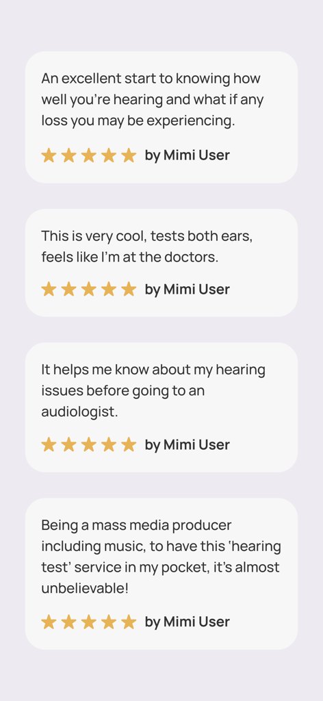 Mimi Hearing Test - Positive five star user reviews and testimonials for the Mimi Hearing Test app