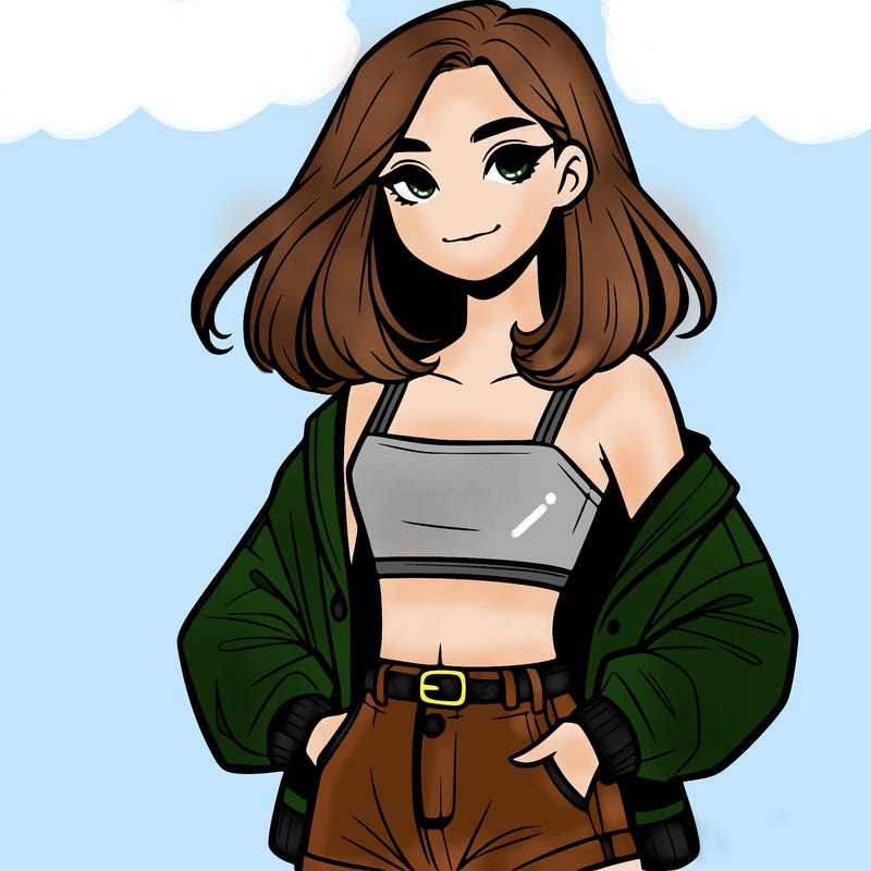 a realistic girl with a crop top and short shorts in an open jacket