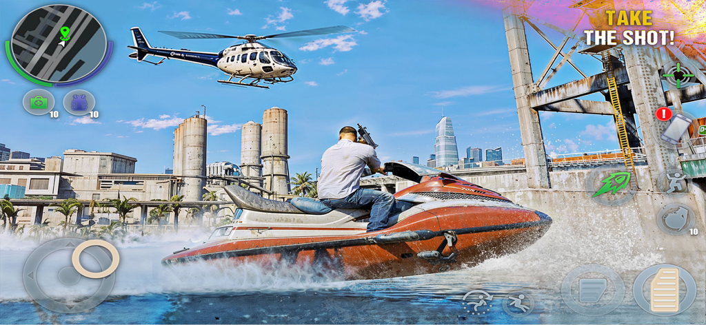 City Gangster Mafia Crime Game - Un gángster en una moto acuática en una vía fluvial urbana con un helicóptero sobrevolando.