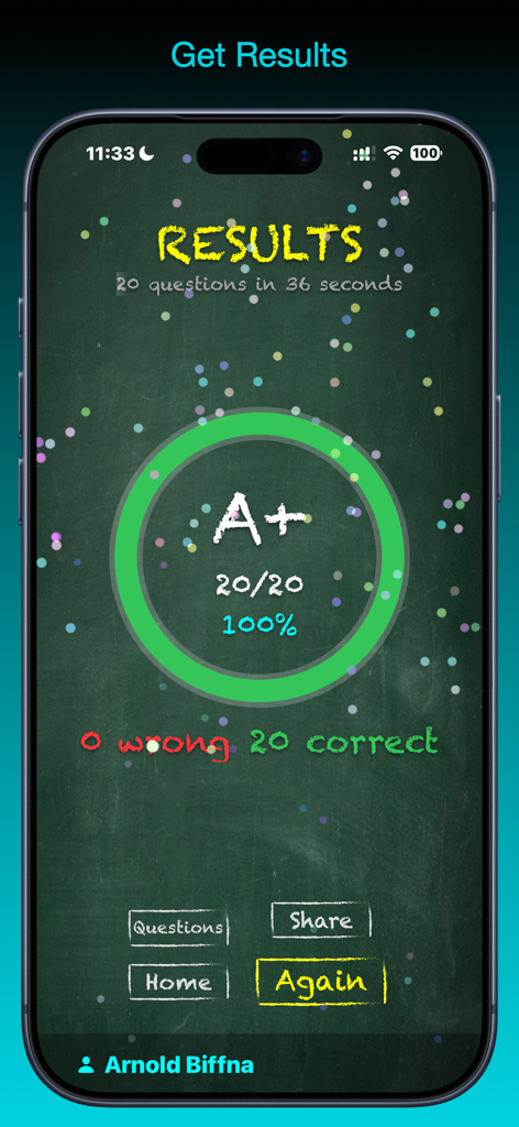 TimesX Times Tables Tester - Multiplication test results screen showing a perfect score of twenty out of twenty and an A plus grade on a chalkboard background.