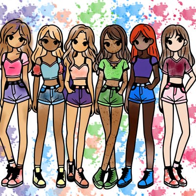 a group of girls wearing crop tops and shorts