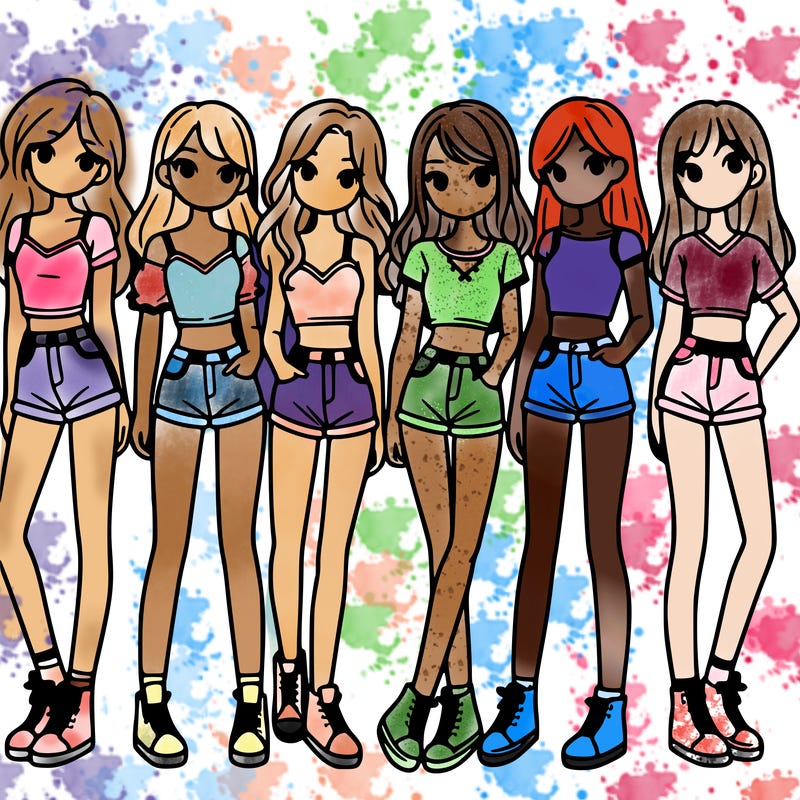 a group of girls wearing crop tops and shorts