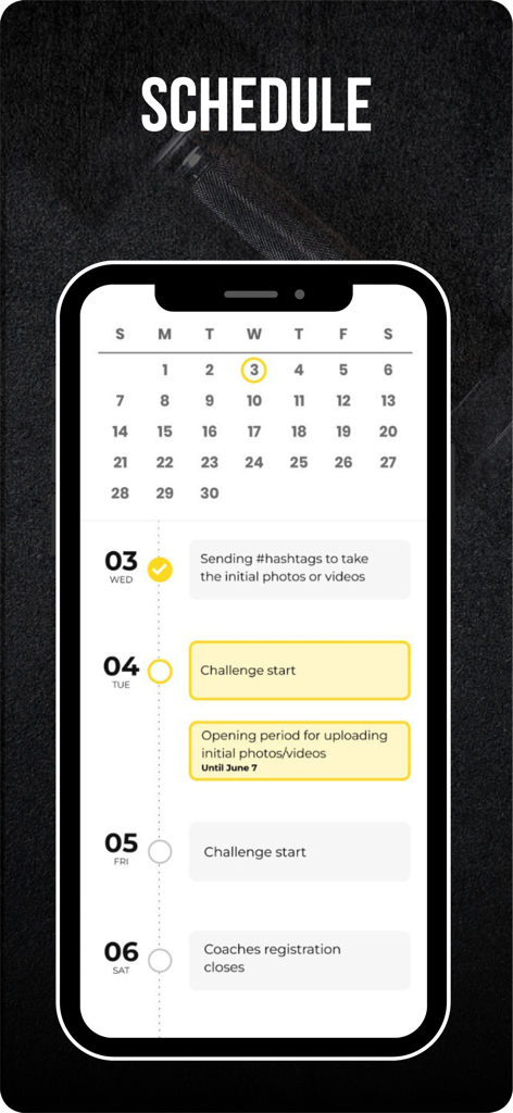 WEDO Transformations - Uno schermo di smartphone che visualizza il programma della sfida fitness e il calendario nell'app WEDO Transformations