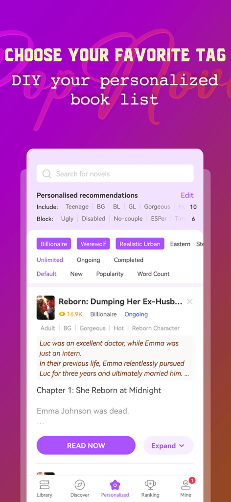 PopNovel - Tela do aplicativo PopNovel para personalizar listas de livros usando tags de gênero como Bilionário e Lobisomem