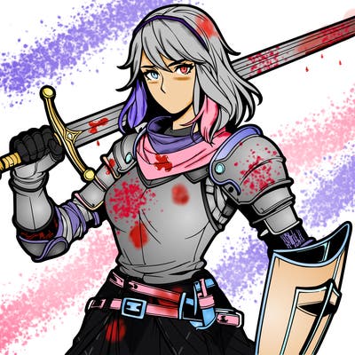 realistic female knight with helmet off and sword in hand