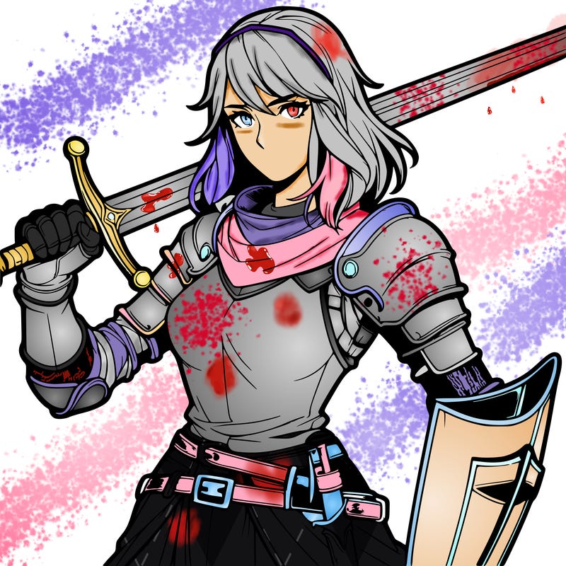 realistic female knight with helmet off and sword in hand