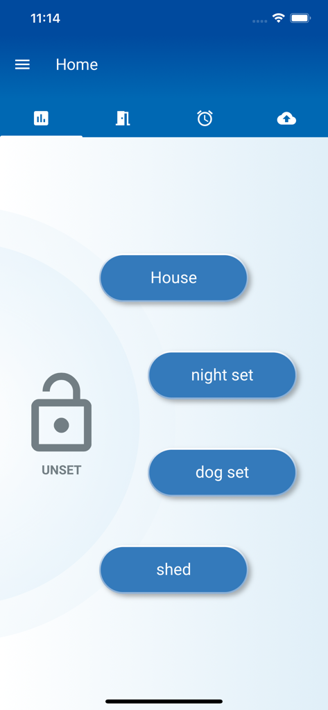 Eaton SecureConnect - Eaton SecureConnect app home screen showing alarm status unset and control buttons for house, night set, dog set, and shed