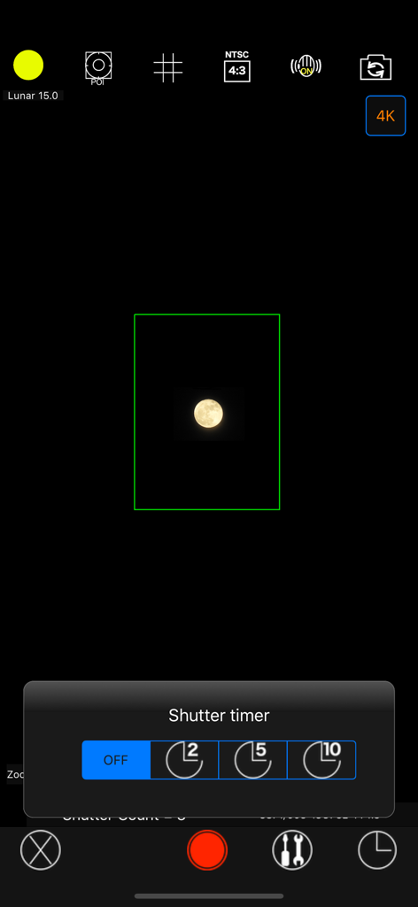 MoonCatcher - MoonCatcher app camera interface showing a shutter timer menu and a captured image of the moon