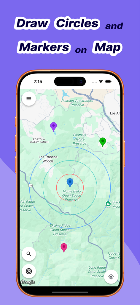 Radius Around Me - Smartphone displaying the Radius Around Me app interface with concentric circles and multi-colored markers on a detailed terrain map.