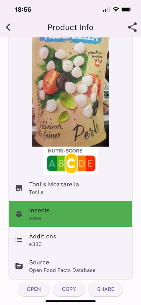 QR Code Scanner - Smart Scan - Product details interface of the QR Code Scanner app showing Nutri-Score for a scanned food item.